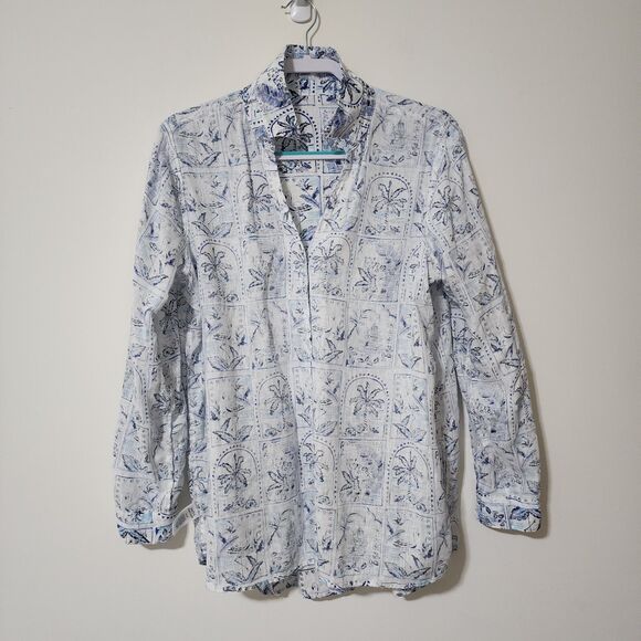 C&C California Womens Linen Shirt Roll-Tab Sleeve White Blue Tropical Size L - Picture 4 of 8